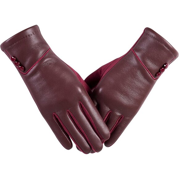 Women's Red Winter Fashion Leather Windproof Warm Suede Driving Dress Gloves - Picture 1 of 7